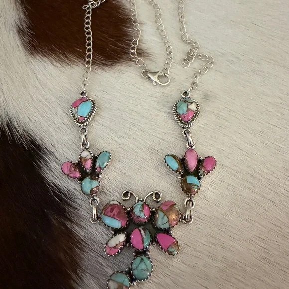 ❤️ Cotton Candy Kingman Turquoise Dragonfly Navajo Style Sterling 925 Necklace - Picture 3 of 11